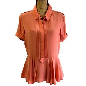 Rebecca Minkoff Women Pink Silk Peplum Blouse SZ 8 Short Sleeve Pleated Front